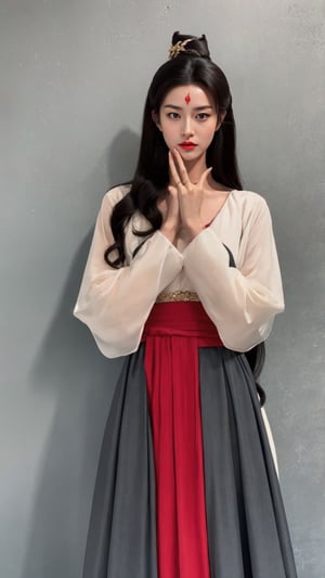 tienhiep, hanfu,
(Hands:1.1), better_hands, realhands
fairy hanfu, 1girl, solo, long hair, looking at viewer, black hair, long sleeves, dress, jewelry, upper body, grey background, black eyes, bracelet, fingernails, see-through, facial mark, red dress, ring, red nails, forehead mark, realistic, tienhiep