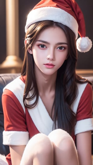 wallpaper character,
1girl, solo, (full body), santa suit, christmas_hat, 1girl, solo, telephoto lens, exquisite facial features, perfect face, glowing skin, long hair,kpop