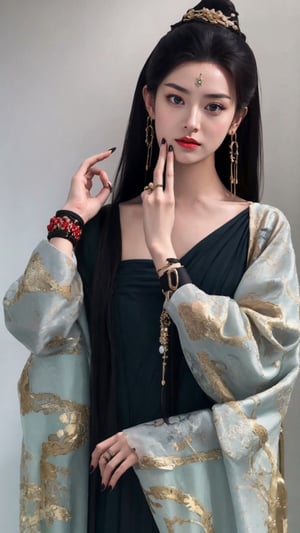 tienhiep, hanfu,
(Hands:1.1), better_hands, realhands
fairy hanfu, 1girl, solo, long hair, looking at viewer, black hair, long sleeves, dress, jewelry, upper body, grey background, black eyes, bracelet, fingernails, see-through, facial mark, red dress, ring, red nails, forehead mark, realistic, tienhiep