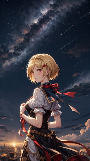 (masterpiece: 1.4), (best quality: 1.4), absurdres, detailed, anime screencap, shiny skin, (extremely cute: 1.2), ultra-high-resolution illustrations,
BREAK,
sole_female,
(djeeta:1.4),
huge brest,
smile,
BREAK,
(Taken from very far away: 2.2),
(from side:1.5),
(looking away:1.5),
BREAK,
black dress,
red ribbon,
magical_girl,
BREAK,
(night: 1.2),
(beautiful stary sky: 1.4),EpicSky