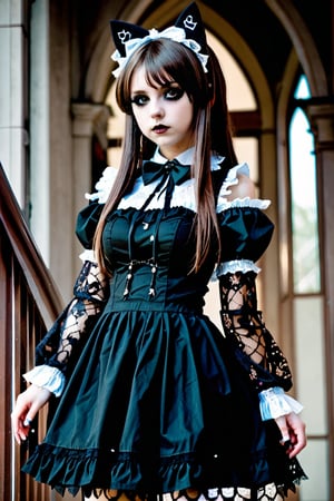 1 person, female, 18 years old, mysterious beautiful girl, perfect figure, perfect proportions, perfect face, brown hair, straight long hair, (Gothic Lolita: 1.3),  (light makeup: 1.3), Gothic Lolita costume with lace arms, black cat ears headband, pumps, upper body,