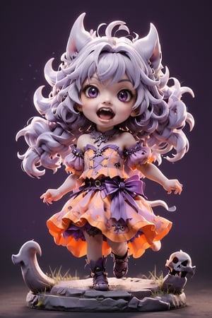 1 person, female, 18 years old, cute beautiful mysterious werewolf girl, tiny, flat chested, Wide open mouth, very large sharp fangs, silver werewolf, pink dress, A largeand grey and bushy tail, black and purple and orange silhouette background, old castle, grave, bat, cinematic lighting, chibi,