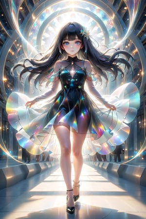 (Fractal Art: 1.3), (Colorful Colors), 1 person, female, 18 years old, mysterious beautiful girl, black long straight hair, blunt bangs, slanted eyes, sparkling eyes, see-through casual dress made of translucent luminous material, black pumps, promenade, sunny sky, cinematic lighting, soft focus, translucent luminous body, excessive overexposure, airy photo,