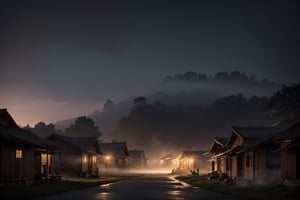 Indonesian village, creepy ambience, evening, fog, mist, lonely, eerie atmosphere, poverty modern house, depth of field, masterpiece, best quality, 8k, (photorealistic)