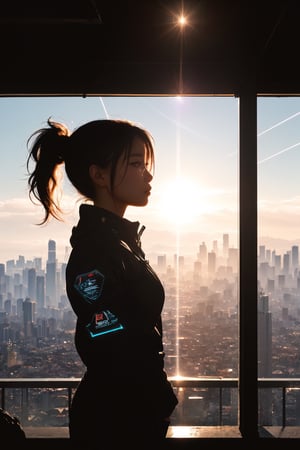 Cute Indonesian female, standing on an overlook, looking out at sprawling cyberpunk city skyline, dystopia, perfect face, (highly detailed, fine details, intricate), (lens flare), (bloom), raytracing, specular lighting, shallow depth of field, 200mm lens, hard focus, smooth, cinematic film still