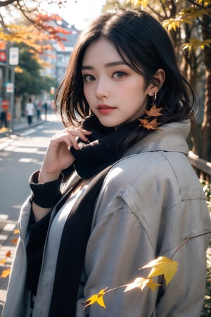 A beautiful woman with a scarf around her neck, black hair, straight pose, japanese ornate hairpin, kyoto, outdoor, autumn, autumn leaves, fallen leaves, photorealistic, detailed textures, high quality, high resolution, high accuracy, realism, color correction, proper lighting settings, harmonious composition, behance works, shallow depth-of-field, bokeh