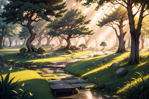 Landscape, wooden path across the lake, tall grass and bonsai trees covers the background, sun rays breaking through the grass and trees, leafs falling, Masterpiece, ultra detailed, hyper quality, best result, high detailed, fireflies