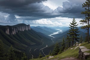 View from the top of a mountain during a thunderstorm, with dark and ominous clouds in the background, nikon photography, landscape, trees furiously swaying, overcast, blue lighting