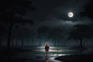 A man wearing a red raincoat standing in the foggy swamp, full moon, black background, misty, windy, into the dark, deep shadow, cinematic, masterpiece, best quality, high resolution