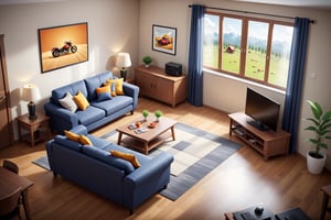 Concept of 3d game life simulation with top down view. Family room interior. Super quality, gforce graphic card, ambient occlusion, raytracing, ultra HD