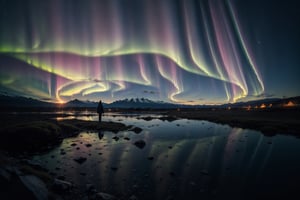 Landscape photography, northern lights in iceland, pastel night sky, evoking a sense of wonder, wide angle shot, midjourney