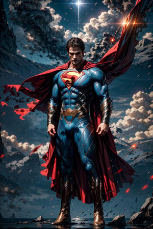 A photo of Henry Cavill, Superman, short messy hair, athletic, wearing dark blue costume, red cape, windy, floating in sky, full body, epic background, into the dark, deep shadow, masterpiece, realistic, best quality, high resolution, r1ge, gonggongshi