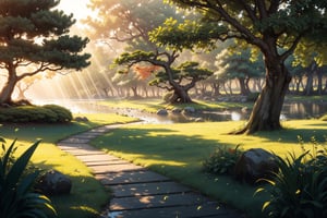 Landscape, wooden path across the lake, tall grass and bonsai trees covers the background, sun rays breaking through the grass and trees, leafs falling, Masterpiece, ultra detailed, hyper quality, best result, high detailed, fireflies