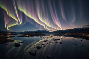 Landscape photography, northern lights in iceland, pastel night sky, evoking a sense of wonder, wide angle shot, midjourney