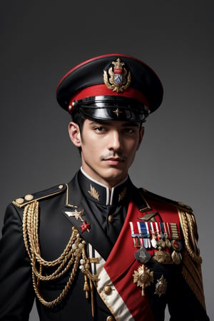 A man in a formal white military uniform with gold embellishments and a black tie. He wears a black cap featuring a golden emblem and stripes. The uniform bears several medals and a nameplate. A red and white flag is partially visible on the left, and the background is a neutral gray. His expression is serious and composed.