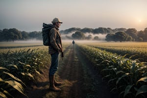 A full body shot of a farmer standing on a cornfield, foggy, misty, windy, blue hour, cinematic, masterpiece, best quality, high resolution