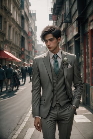 A groom wearing a light gray suit with a sage green tie and pocket square, glamour street medium format photography, portrait, natural lighting, midjourney