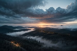 View from drone, pine forest, foggy, misty, windy, blue hour, cinematic, masterpiece, best quality, high resolution