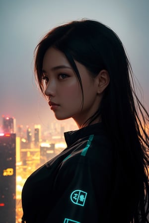 Cute Indonesian female, standing on an overlook, looking out at sprawling cyberpunk city skyline, dystopia, perfect face, (highly detailed, fine details, intricate), (lens flare:0.5), (bloom:0.5), raytracing, specular lighting, shallow depth of field, 200mm lens, hard focus, smooth, cinematic film still, High Detail RAW color Photo, Full Shot