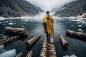 A man with yellow cloak stand at frozen lake. Atop of clear ice, peering down at all the logs and rocks at the bottom of the lake, foggy, misty, windy, blue hour, cinematic, masterpiece, best quality, high resolution