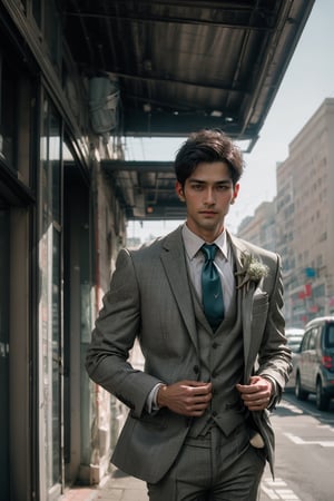 A groom wearing a light gray suit with a sage green tie and pocket square, glamour street medium format photography, portrait, natural lighting, midjourney