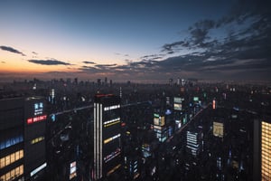 View from top of building, shibuya sky, tokyo japan, twilight, 3D rendering, trending on Pinterest and Tumblr, art by Vitaly Bulgarov and Jama Jurabaev and Maciej Kuciara and Raphael Lacoste and Alex Roman