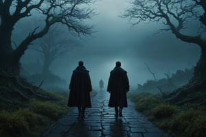 A man with dark cloack walk over dimly lit dark fantasy natural environments, intricate details about one-third depth of field, cinematography scenes, with fog, after-rain scenes, 8k, photorealistic, strong outlines