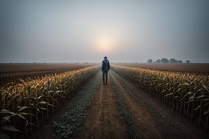 A full body shot of a farmer standing on a cornfield, foggy, misty, windy, blue hour, cinematic, masterpiece, best quality, high resolution