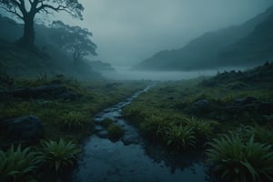 Dimly lit dark fantasy natural environments, intricate details about one-third depth of field, cinematography scenes, with fog, after-rain scenes, 8k, photorealistic, strong outlines