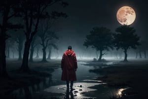 A man wearing a red raincoat standing in the foggy swamp, full moon, black background, misty, windy, into the dark, deep shadow, cinematic, masterpiece, best quality, high resolution