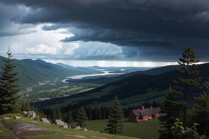 View from the top of a mountain during a thunderstorm, with dark and ominous clouds in the background, nikon photography, landscape, trees furiously swaying, overcast, blue lighting, teal and orange