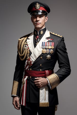 A man in a formal white military uniform with gold embellishments and a black tie. He wears a black cap featuring a golden emblem and stripes. The uniform bears several medals and a nameplate. A red and white flag is partially visible on the left, and the background is a neutral gray. His expression is serious and composed.