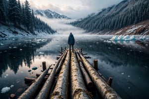 A man with yellow cloak stand at frozen lake. Atop of clear ice, peering down at all the logs and rocks at the bottom of the lake, foggy, misty, windy, blue hour, cinematic, masterpiece, best quality, high resolution