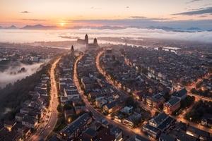 Small city, landscape, hi angle drone, foggy, golden hour, cinematic, masterpiece, best quality