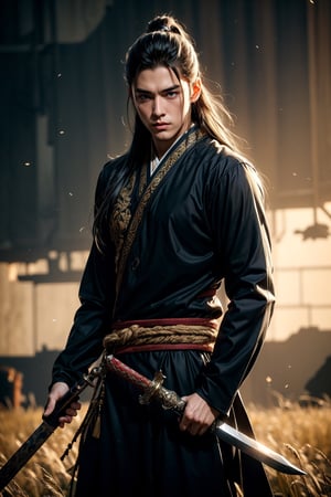 A handsome young male warrior with long white hair, blue eyes, wearing a black Japanese ninja warrior outfit, stand on the long grass field, weapon, sword, golden hour, epic background, into the dark, deep shadow, cinematic, masterpiece, best quality, high resolution