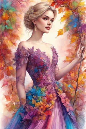 (Extremely detailed ), (every detail in perfect sharp focus), (masterpiece), (stunningly soft light evenly illuminating the entire face and body), ((extremely perfect detailed)), Masterpiece, HD, 16K, A captivating minimalist illustration of a 20-year-old blonde beauty. ((A painting in shades of mauve, lace gown and elaborate floral wreath)), (((airbrush art by Yoji Shinkawa:1.9))) Layered tulle gown with sparkling lace, ((standing between multicoloured ombre autumn rowan leaves branches)), ink art,line art illustration, ((the main heroine standing away in all human height between many rowan leaves)), standing away, Burgundy, (by Greg Manchess and Miles Aldridge), (extremely detailed are colorful linen pastel flamenco lace dress gown), (ombre multicoloured leafs:1.9)), (pattern of ombre multicoloured leafs:1.9))