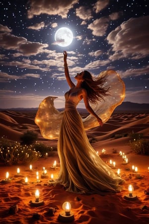 Dancing under the flying enchanting glow of the Sahara desert night. 🌌✨ A mesmerizing display of grace and mystique in the midst of a radiant garden. 🌙✨ #MagicInTheDesert 🌟✨ cloudy, moon, galaxy, 