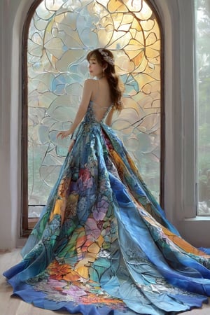 (masterpiece, top quality, best quality, official art, beautiful and aesthetic:1.2),(1girl),full body,extreme detailed,(fractal art:1.3),colorful,highest detailed,,1girl,full body,installation_art,indoor,french_window,dress