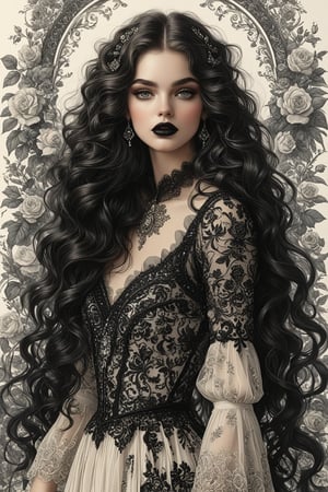 ((extremely perfect detailed art:1.9)), Masterpiece, HD, 16K, A captivating minimalist illustration of a 18-year-old beauty. (gothic beauty, chiffon ivory gown, ivory tulle, black ornate motifs threads, pattern of black lace, sparkling lace, gems, beautiful full black lips, eye drawing, tuxedo eyes, long fluffy lashes, big layered black hair, large curls on long hair), the tights with sparkling lace. ((midjorney style face:1.9)), ((detailed flux type face:1.9)), bohemian, delicate image, hyper-detailing, aesthetic, good soft illuminated, photorealistic line ink art), ((gaze directed at viewer, looking_at_camera)), (the only one solo main heroine:1.9), (standing maximum away with all human height:1.9), (best fashion dynamic standing pose:1.9), (standing maximum away:1.9), (black ink line art), spirals and swirls in rococo style, perfect symmetry, symmetrical, large motifs, (standing maximum away in marble castle:1.9), garden roses, lanky