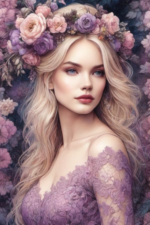  ((extremely perfect detailed)), Masterpiece, HD, 16K, A captivating minimalist illustration of a 20-year-old blonde beauty. (((A painting in shades of mauve, lace gown and elaborate floral wreath, fleeing church, airbrush art by Yoji Shinkawa.))) Layered tulle gown with sparkling lace, glamour, culture, sparkling gums_vines_curtains,  Standing away, 