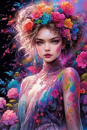 ((extremely detailed)), ((perfect detailed eyes and face)), CoG_v2, European ink illustration, (2d ink line art)), (detailed hair), full body, (line art), particles, concept art,mysterious, dreamlike, perfect anatomy, (long hair), great realistic features, (detailed, detailed florals, crystals, minerals), (holographic perfect detailed jewelry:1.9), masterpiece, pure perfection , sharp focus, ink, (art nouvea), (v_shape_face of woman, young lady:1.9), (one upper body), (garden background behind women), (modern design dress), ((evening layered gown)), ((away upper body)), (holographic frame of art nouveau),Beautiful female, ((holographic sparkling translucent jewelry),, ((colorful rainbow_colours holographic soft sparkling particles highlights bokeh:1.9)), ((ombre rainbow_colours holographic)), masterpiece, best quality,highres, female, look_at_viewer, tall, perfect stature, liuli,bangs, chromatic dispersion, tansparent_plastic, coloured glaze, (Polychromatic prism effect), iridescence/opalescence, glowing colors, aluminum foil, Glowing ambiance, (holographic long dress floating on standing female:1.9), ( by Greg Manchess and Miles Aldridge).
((1 blonde Nordic girl)), Picture a mesmerizing fusion where the rich heritage of Hmong ethnic attire intertwines with the enchanting world of Lolita fashion. The garment, a visual symphony, showcases vibrant cross-stitch patterns reminiscent of Hmong craftsmanship, meticulously stitched in an array of colors. The dress flows gracefully, embracing the whimsical elegance of Lolita fashion with lace, bows, and layers, creating a harmonious dance of tradition and modernity. Each detail, a brushstroke in this vibrant canvas, tells a story of cultural richness and sartorial fantasy, offering a feast for the eyes that captivates and transcends genres.,Flower queen,   (garden background behind women), (multicoloured abstract smears of oil painting), ((soft illumination)), ((only one female body standing away on flowers garden:1.9)), ((all tall human height:1.9)),  ((extremely perfect detailed)), Masterpiece, HD, 16K, A captivating minimalist illustration of a 20-year-old blonde beauty. ((A painting in shades of mauve, lace gown and elaborate floral wreath)), (((airbrush art by Yoji Shinkawa:1.9))) Layered tulle gown with sparkling lace, ((standing between Syringa vulgaris lilac astilbe bloom)), ink art,line art illustration, ((the main heroine standing away in all human height between flowers)), standing away