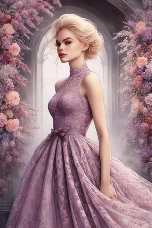  ((extremely perfect detailed)), Masterpiece, HD, 16K, A captivating minimalist illustration of a 20-year-old blonde beauty. (((A painting in shades of mauve, lace gown and elaborate floral wreath, fleeing church, airbrush art by Yoji Shinkawa.))) Layered tulle gown with sparkling lace, Standing away