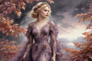  ((extremely perfect detailed)), Masterpiece, HD, 16K, A captivating minimalist illustration of a 20-year-old blonde beauty. ((A painting in shades of mauve, lace gown and elaborate floral wreath)), (((airbrush art by Yoji Shinkawa:1.9))) Layered tulle gown with sparkling lace, ((standing between multicoloured ombre autumn rowan leaves)), ink art,line art illustration, ((the main heroine standing away in all human height between rowan leaves)), standing away