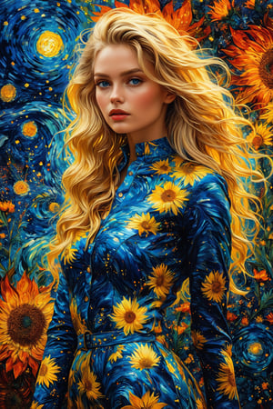 ((extremely perfect detailed)), Masterpiece, HD, 16K, A captivating minimalist illustration of a 20-year-old blonde beauty. A provocative image of a woman with tousled hair and a daring outfit, posed against a vibrant, van gogh art style pattern, highlighted by fractal elements. ((the only one solo main heroine standing away in all human height)), (solo:1.9), , ((the only one solo main heroine standing away in all human height)), ((looking_at_camera)). (perfect fashion dynamic standing pose), multicolor