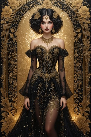 ((extremely perfect detailed)), Masterpiece, HD, 16K, A captivating minimalist illustration of a 18-year-old beauty. (gothic beauty, push up busty, black and gold, beads chiffon gown, ornate motifs beads threads, pattern of beads lace, beads sparkling lace, gems, beautiful full black lips, eye drawing, tuxedo eyes, long fluffy lashes, big layered black hair, large curls on long hair), beads wreath in hair, the tights with sparkling lace, ((midjorney style face:1.9)), ((detailed flux type face:1.9)), bohemian, delicate image, hyper-detailing, aesthetic, good soft illuminated, photorealistic line ink art, (crystals, gems, gold dust bokeh), ((gaze directed at viewer, looking_at_camera)), (the only one solo main heroine:1.9), (standing maximum away with all human height:1.9), (best fashion dynamic standing pose:1.9), (standing maximum away:1.9), ((black ink line art)),  ((stand under fresk ornate motifs wall)), bright. ((black  gold background)), ((away upper body)), (gold frame of art nouveau), (art nouveau), half turn body,