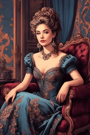 flat illustration of a beautiful student model sitting on a fancy chair in a luxury boroque rococo apartment. A Rococo sausage curls hairstyle. She is wearing an avant-garde layered gown made of stiff materials. Dark color palette. Cluttered maximalism. Close-up shot. Rim lighting. Masterpiece. 64k. ncg,ink,ink art,line art illustration