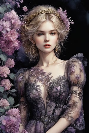  ((extremely perfect detailed)), Masterpiece, HD, 16K, A captivating minimalist illustration of a 20-year-old blonde beauty. ((A painting in shades of mauve, lace gown and elaborate floral wreath)), (((airbrush art by Yoji Shinkawa:1.9))) Layered tulle gown with sparkling lace, ((standing between Syringa vulgaris lilac astilbe bloom)), ink art,line art illustration, ((the main heroine standing away in all human height between flowers)), standing away.
((extremely detailed)), ((perfect detailed eyes and face)), CoG_v2, (dark moody watercolor:1.8), European ink illustration, ((watercolor)), (detailed hair), " I've been much too far out all my life and not waving but drowning". Gustave Doré, Jasmine Becket-Griffith, freedom, full body, (line art), particles, concept art,mysterious , nightmarish dreamlike, perfect anatomy, great realistic features, perfect detailed hands fingers, (detailed, detailed florals, crystals, minerals), (perfect detailed jewelry:1.9), masterpiece, pure perfection , sharp focus,Decora_SWstyle,ink, (art nouveau), fflixmj6, (baby face woman, young lady:1.9), (one upper body), (half visible puffy sleeves), (dark background behind women), (modern design dress), ((black and gold)), ((away upper body)), (gold frame of art nouveau),Beautiful  female, 
masterpiece, best quality,highres, 1girl, look_at_viewer, tall, perfect stature, liuli,bangs, chromatic dispersion, tansparent_plastic, coloured glaze, Polychromatic prism effect, iridescence/opalescence, glowing colors, aluminum foil, Glowing ambiance,