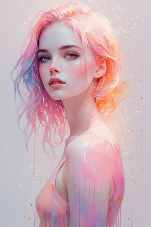 ((extremely detailed:1.9)), ((extremaly right female body proportions:1.9)). Masterpiece, HD, 16K, A captivating minimalist illustration of a 18-year-old beauty. a woman by agnes cecile, luminous design, pastel colours, ink drips, autumn lights, looking over shoulder pose, shiny, glitter. half turn body, looking over shoulder pose