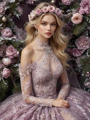 ((extremely perfect detailed)), Masterpiece, HD, 16K, A captivating minimalist illustration of a  20-year-old blonde beauty. 
(((A painting in shades of mauve, lace gown and elaborate floral wreath, Christmas tree branches ornaments, sparkling, airbrush art by Yoji Shinkawa.)))
Layered tulle gown with sparkling lace, 
((ride on a flower carousel under a flowering tree, sunrise))