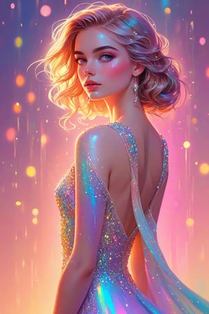 ((extremely detailed:1.9)), ((extremaly right female body proportions:1.9)). Masterpiece, HD, 16K, A captivating minimalist illustration of a 18-year-old beauty, luminous evening dress design, pastel colours, ink drips multicolor background, autumn lights, looking over shoulder pose, shiny, glitter. half turn body, looking over shoulder pose